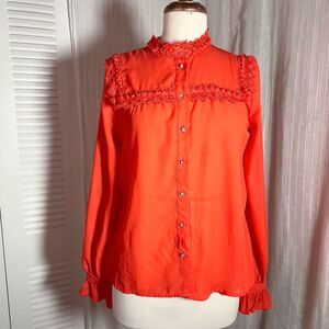 The Moon Blouse Size L Modern Rich Coral Pearl Lace Cottagecore Coquette Top